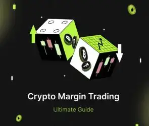 Bitunix Two stylized dice with margin trading crypto symbols, candlestick charts, and arrows, set against a dark grid background. Text reads Crypto Margin Trading Ultimate Guide with neon green and white accents.
