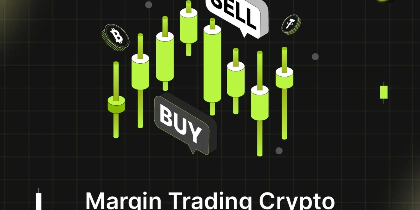Bitunix A digital graphic shows green candlestick charts with BUY and SELL speech bubbles, Bitcoin and Ethereum icons, and the text Margin Trading Crypto: How to use Margin Trading to trade Crypto with Leverage on a dark grid background.