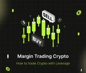 Bitunix A digital graphic shows green candlestick charts with BUY and SELL speech bubbles, Bitcoin and Ethereum icons, and the text Margin Trading Crypto: How to use Margin Trading to trade Crypto with Leverage on a dark grid background.