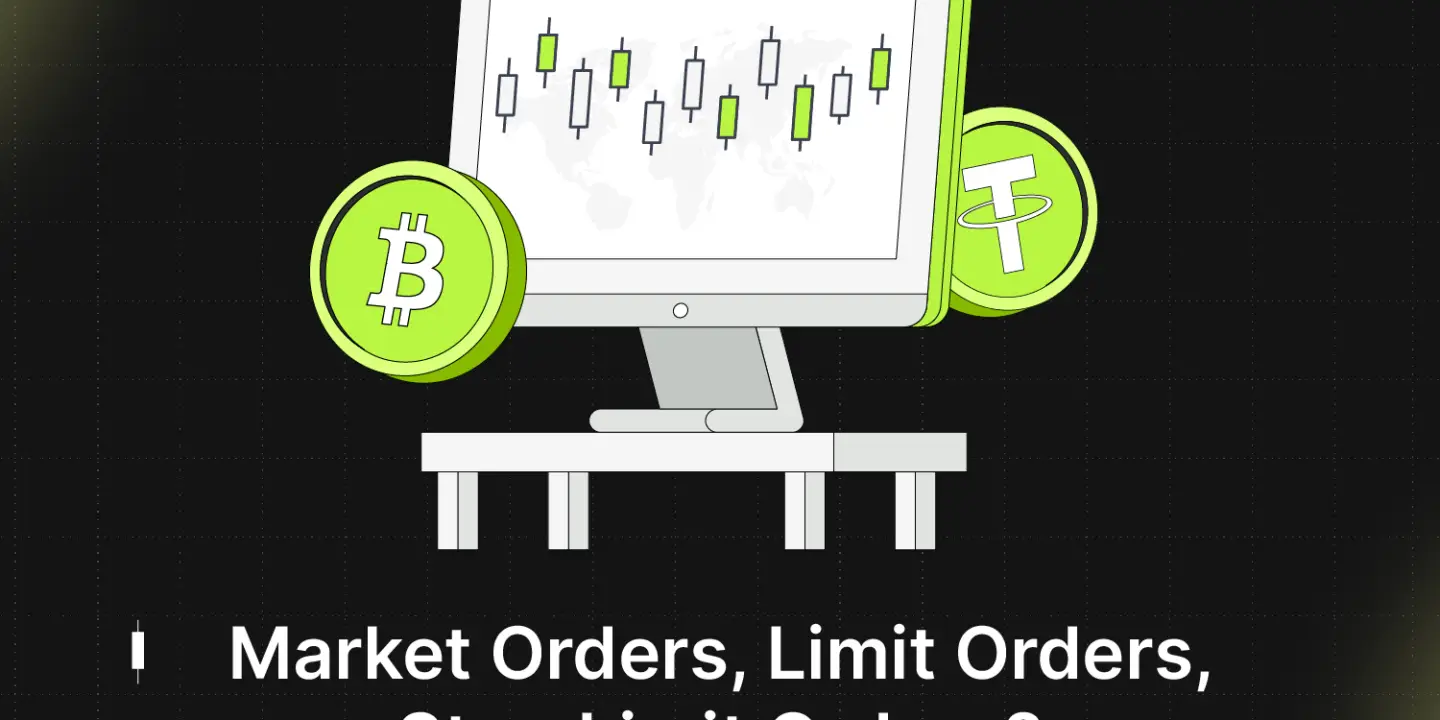 Bitunix An illustration of a computer monitor displaying a candlestick chart, with Bitcoin and Tether symbols beside it. Text below reads: Market Orders, Limit Orders, Stop Limit Orders? How to trade?.