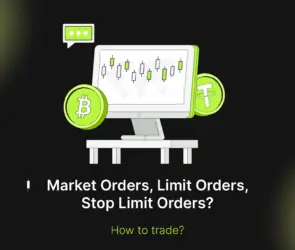 Bitunix An illustration of a computer monitor displaying a candlestick chart, with Bitcoin and Tether symbols beside it. Text below reads: Market Orders, Limit Orders, Stop Limit Orders? How to trade?.
