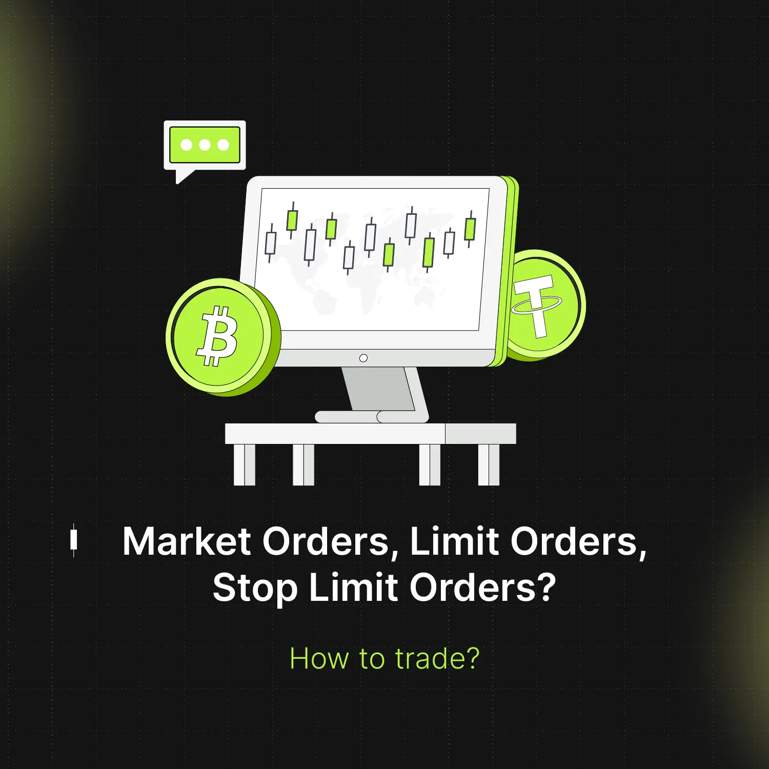 Bitunix An illustration of a computer monitor displaying a candlestick chart, with Bitcoin and Tether symbols beside it. Text below reads: Market Orders, Limit Orders, Stop Limit Orders? How to trade?.