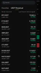 Bitunix A screenshot of a cryptocurrency trading app showing USDT perpetual pairs with rising Market Prices. BTC, ETH, BNB, XRP, ADA, LTC, DOGE, MATIC, SOL, and DOT are listed—all displaying green price increases and positive 24-hour percentage changes.