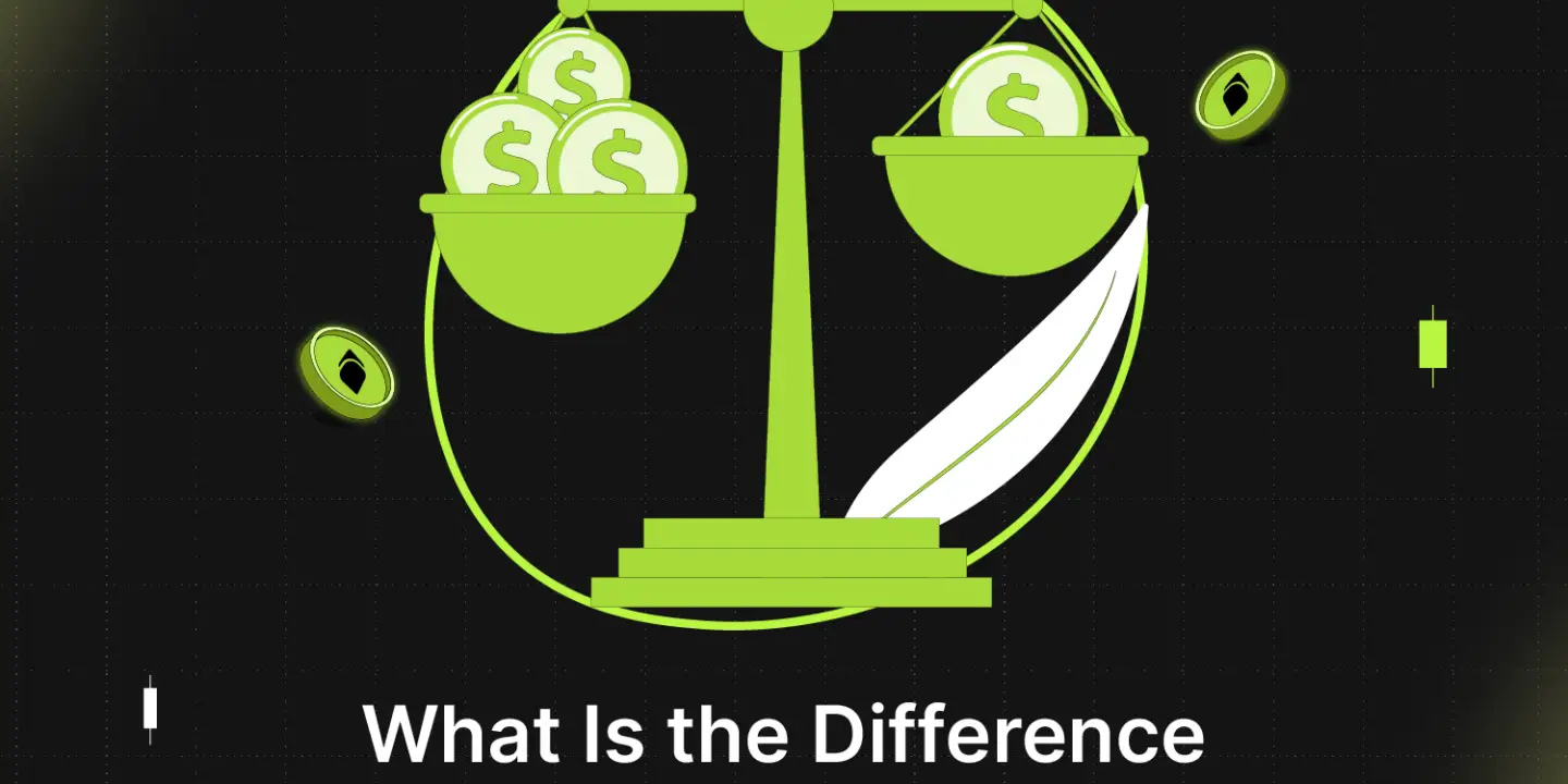 Bitunix An illustration of a balanced scale with money bags on each side. Text below reads, “What Is the Difference Between Mark Price and Last Price?” The design uses green and black tones with floating coin icons.