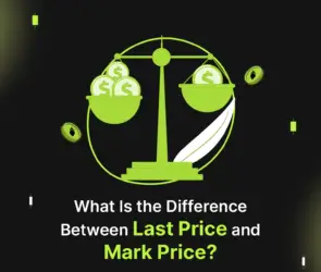Bitunix An illustration of a balanced scale with money bags on each side. Text below reads, “What Is the Difference Between Mark Price and Last Price?” The design uses green and black tones with floating coin icons.