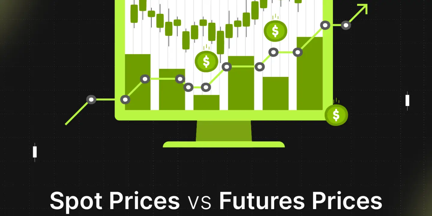 Bitunix A computer monitor displays a green financial chart with candlesticks, price lines, and floating dollar signs. Below, the text reads Spot Prices and Futures Prices: Definition & Examples.