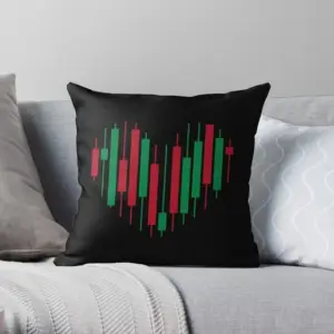 Bitunix A black throw pillow featuring a heart shape made from green and red candlestick chart bars—a subtle nod to margin trading—placed on a light gray sofa next to a white, wavy-patterned pillow.