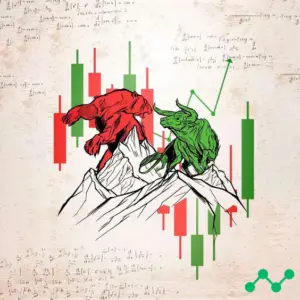 Bitunix Illustration of a red bear and green bull standing on mountain peaks, symbolizing market trends and margin trading, with green and red candlestick charts in the background and faint mathematical equations.