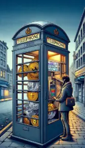 Bitunix A person uses a vintage phone booth filled with large cryptocurrency coins showing spot prices and futures prices instead of a phone, on a quiet city street at dusk. The coins display symbols like Bitcoin, Ethereum, and others.