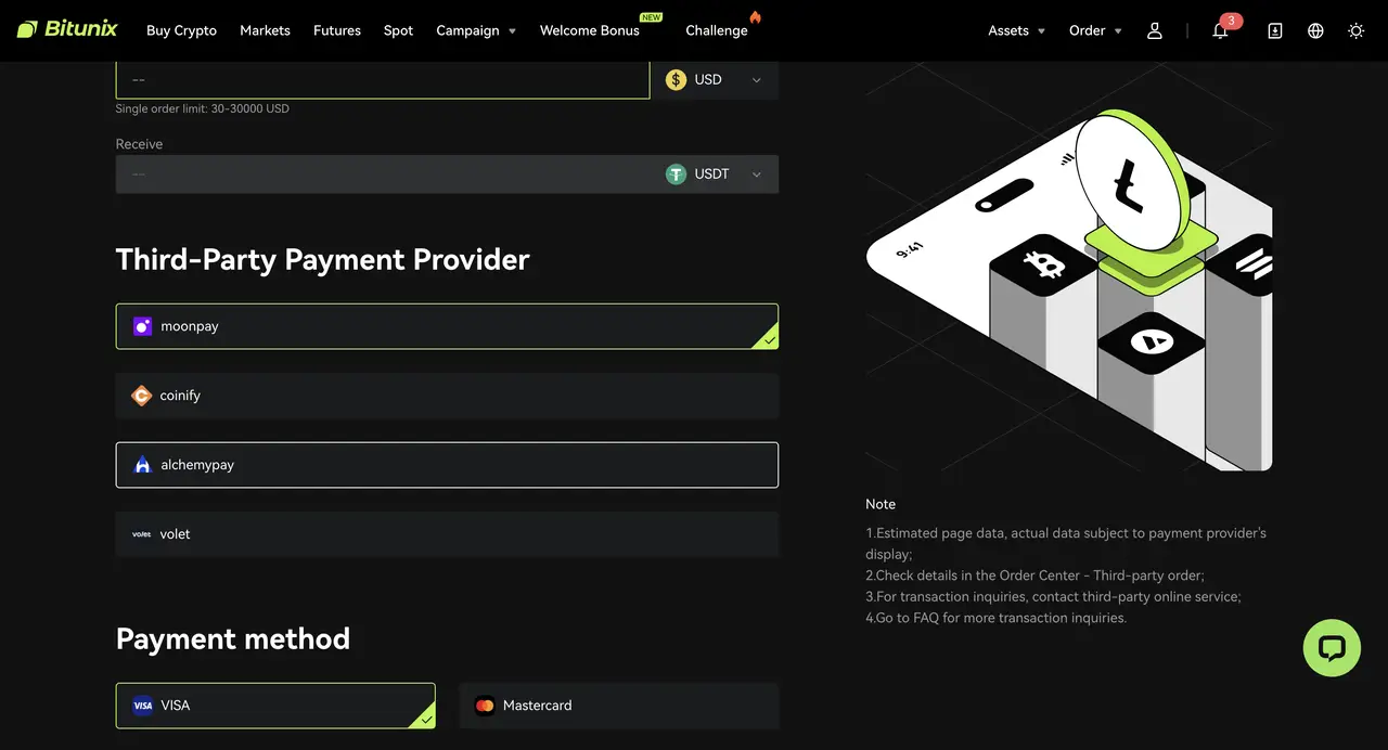 Bitunix Screenshot of Bitunix payment page featuring USDT-M and COIN-M futures alongside options to buy crypto via Moonpay, Conify, AlchemyPay, or Violet. Visa and Mastercard are listed on the sleek dark-themed interface.