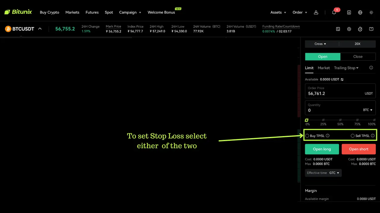 Bitunix Screenshot of the Bitunix trading platform with a highlighted section on the right. A yellow arrow and text show how to set a stop loss by selecting either Buy/Long or Sell/Short from the order types in crypto shown. | Bitunix Bitunix Screenshot of the Bitunix trading platform with a highlighted section on the right. A yellow arrow and text show how to set a stop loss by selecting either Buy/Long or Sell/Short from the order types in crypto shown.
