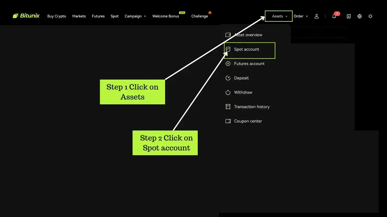 Bitunix Screenshot of Bitunix website showing navigation steps: Step 1 Click on Assets in the top menu, then Step 2 Click on Spot account from the Assets dropdown menu. Both steps are highlighted with green boxes, essential before trading USDT-M and COIN-M futures.