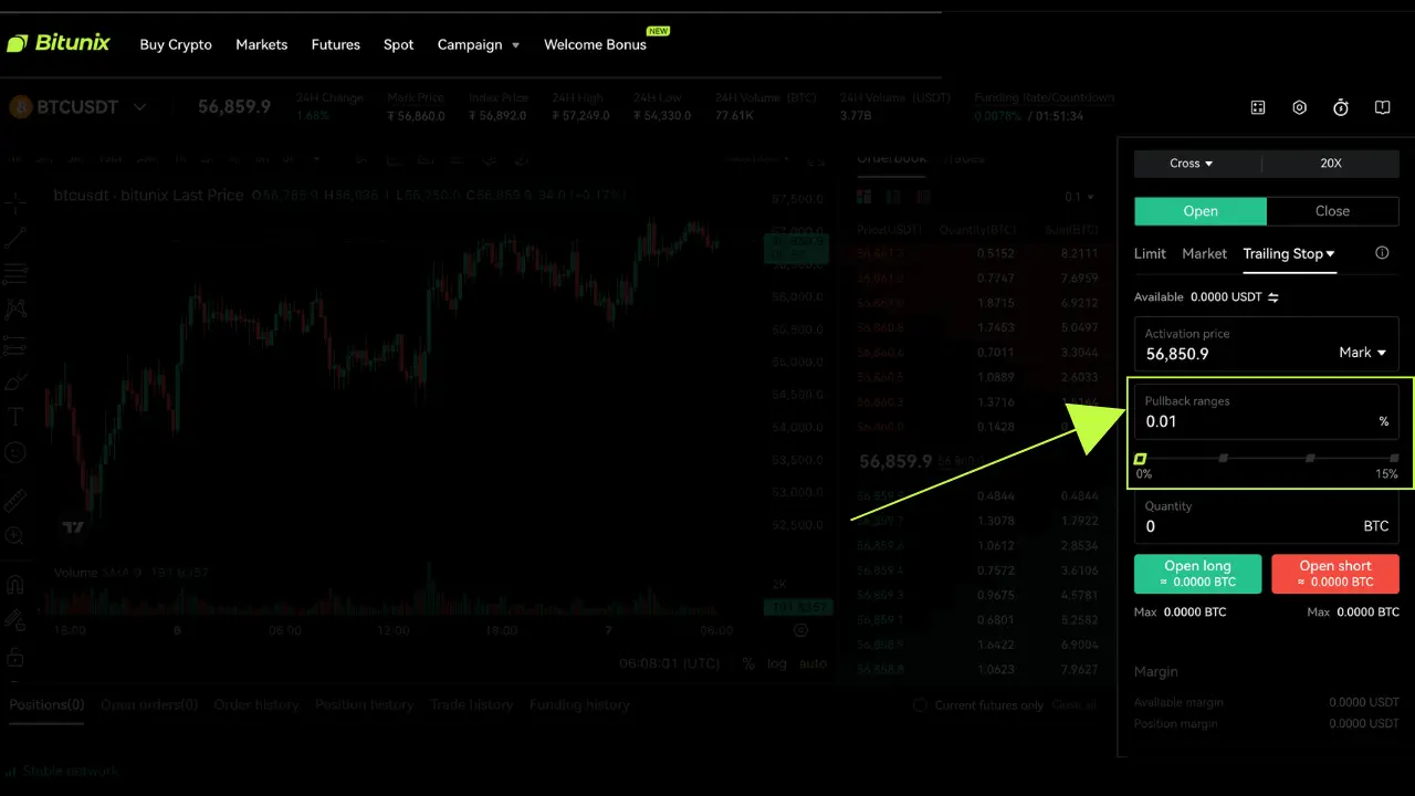 Bitunix A cryptocurrency trading interface for BTC/USDT, featuring a highlighted field for entering Publick margins with a large green arrow. The platform showcases charts, order details, various order types in crypto, and buy/sell options. | Bitunix Bitunix A cryptocurrency trading interface for BTC/USDT, featuring a highlighted field for entering Publick margins with a large green arrow. The platform showcases charts, order details, various order types in crypto, and buy/sell options.