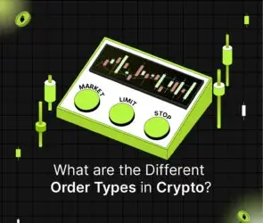 Bitunix An illustration of a trading interface with three green buttons labeled Market, Limit, and Stop below a candlestick chart, surrounded by floating candlestick icons. Text reads: What are the different order types in crypto?.