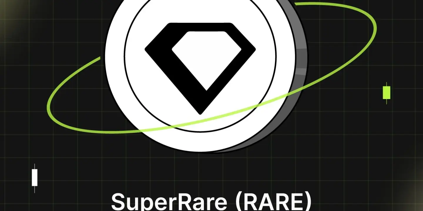 Bitunix A rare digital coin with a black diamond icon and green orbit lines is centered on a dark grid background. Text below reads SuperRare (RARE) and What is it? Small green and white graphic elements surround the coin.