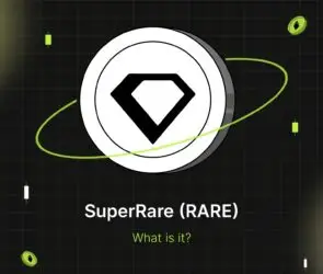 Bitunix A rare digital coin with a black diamond icon and green orbit lines is centered on a dark grid background. Text below reads SuperRare (RARE) and What is it? Small green and white graphic elements surround the coin.
