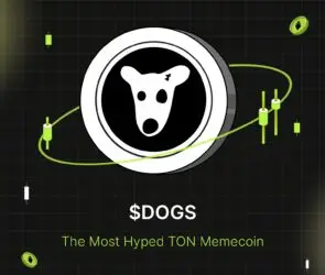Bitunix A coin with a stylized dog face in the center is surrounded by green chart lines and candlesticks on a dark grid background. Bold text below reads: $DOGS – The Most Hyped $DOGS TON Memecoin.