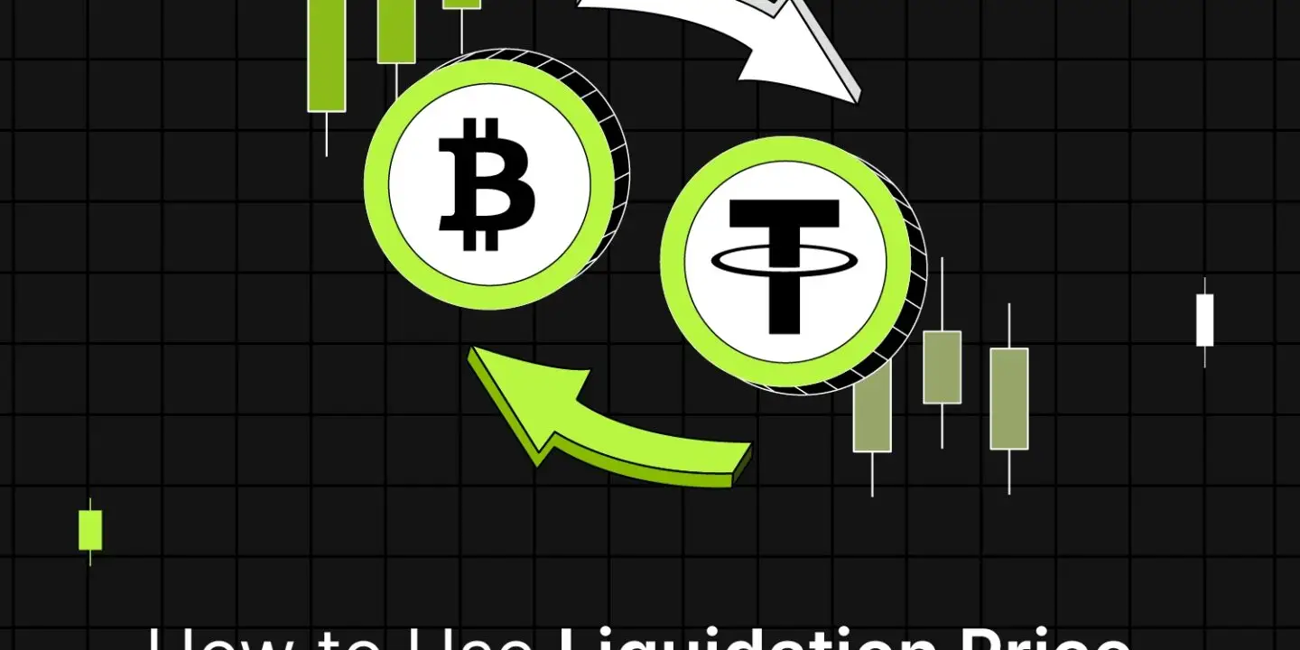 Bitunix Illustration of Bitcoin and Tether symbols connected by circular arrows, with candlestick chart elements in the background, highlighting how to use liquidation price for a better trading strategy.