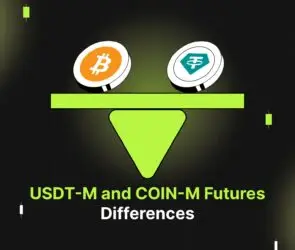 Bitunix A graphic shows a balance scale with a Bitcoin symbol on the left and a Tether (USDT) symbol on the right. Below, text highlights USDT-M and COIN-M futures differences on a dark background.