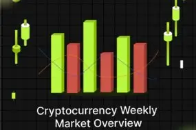 Bitunix A digital graphic with green and red bar graphs, candlestick chart symbols, and the text Cryptocurrency Weekly Market Overview (12.8–18.8) on a black grid background.