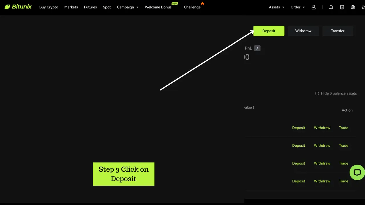 Bitunix Screenshot of the Bitunix platform with a white arrow pointing to a green Deposit button. A highlighted box at the bottom says, Step 3 Click on Deposit, essential before trading USDT-M and COIN-M futures.