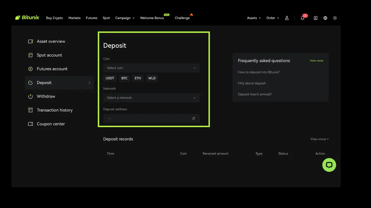 Bitunix Screenshot of a cryptocurrency deposit page on Bitunix, showing options to select coin type (USDT, BTC, ETH, MATIC), network, and deposit address. A FAQ panel highlights info about USDT-M and COIN-M futures, with deposit records on the right.