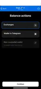 Bitunix A mobile app screen titled Balance actions features options like Exchanges, Wallet in Telegram, and a greyed-out Non-custodial wallet. At the bottom, a Continue button lets you manage your $DOGS using the Dogs app.