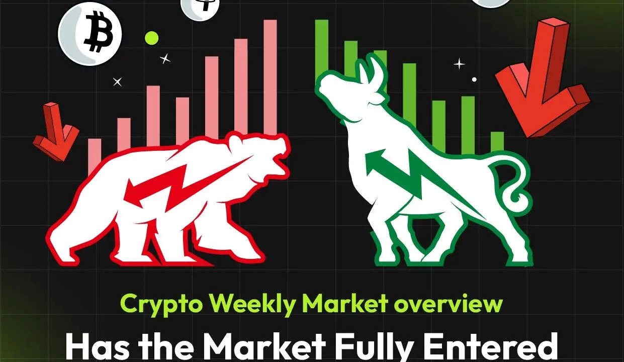 Bitunix An illustration shows a red bear with downward arrows and falling bars, and a green bull with upward arrows and rising bars, offering a market overview of bearish and bullish crypto trends. Text reads: Has the Market Fully Entered a Bear Phase?.
