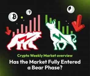 Bitunix An illustration shows a red bear with downward arrows and falling bars, and a green bull with upward arrows and rising bars, offering a market overview of bearish and bullish crypto trends. Text reads: Has the Market Fully Entered a Bear Phase?.