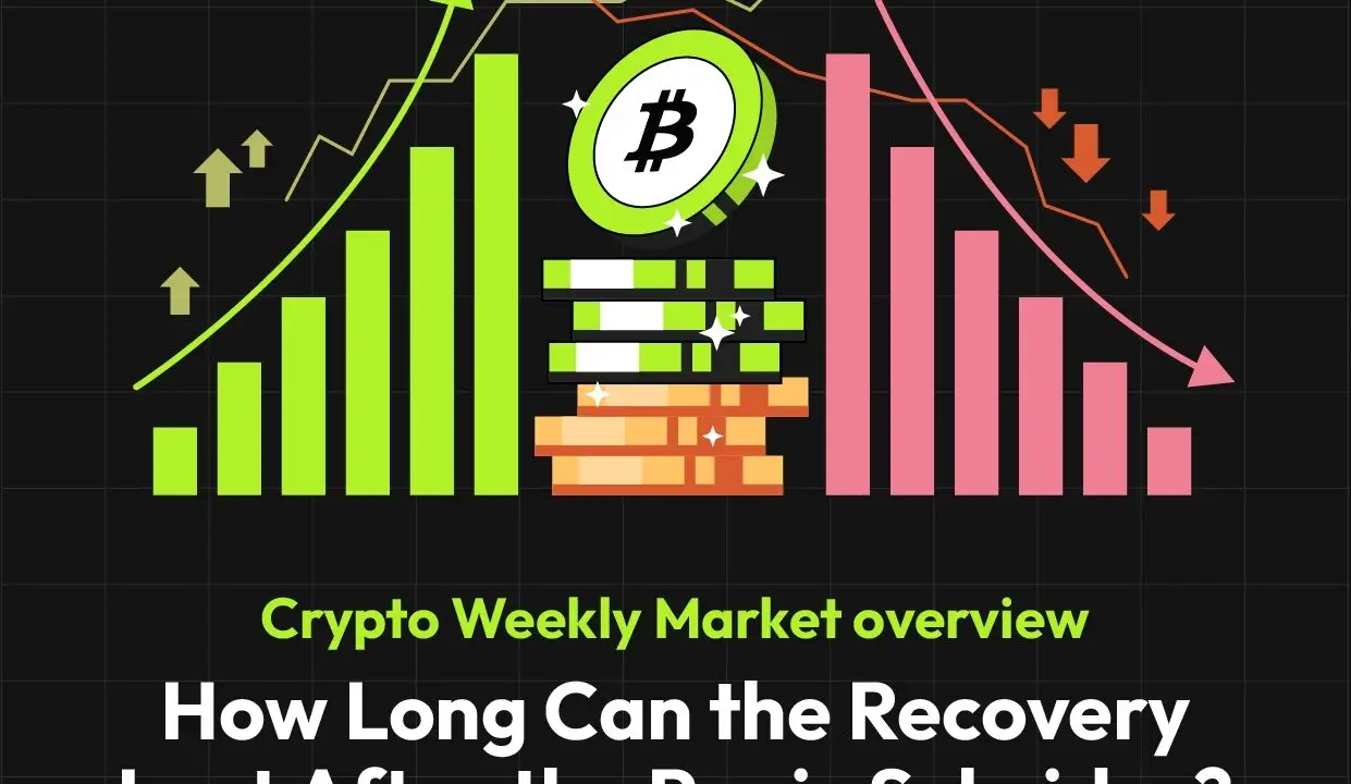 Bitunix A bar graph with green rising bars and red falling bars represents cryptocurrency market changes. A Bitcoin symbol coin is at the center. Text reads: How Long Can the Recovery Last After the Panic Subsides?.