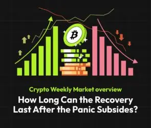 Bitunix A bar graph with green rising bars and red falling bars represents cryptocurrency market changes. A Bitcoin symbol coin is at the center. Text reads: How Long Can the Recovery Last After the Panic Subsides?.