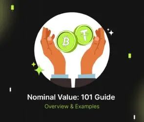 Bitunix An illustration of two hands holding coins with Bitcoin and Tether logos, symbolizing nominal value. Text below reads Nominal Value: 101 Guide, Overview & Examples on a dark grid background with green accents.