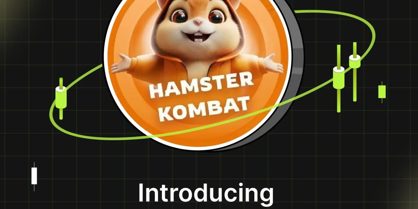 Bitunix A cartoon hamster mascot in an orange hoodie with HAMSTER KOMBAT and HMSTR written below, surrounded by green crypto chart elements on a dark grid background. Text below reads Introducing Hamster Kombat (HMSTR).