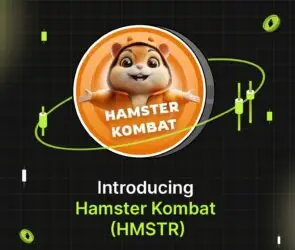 Bitunix A cartoon hamster mascot in an orange hoodie with HAMSTER KOMBAT and HMSTR written below, surrounded by green crypto chart elements on a dark grid background. Text below reads Introducing Hamster Kombat (HMSTR).