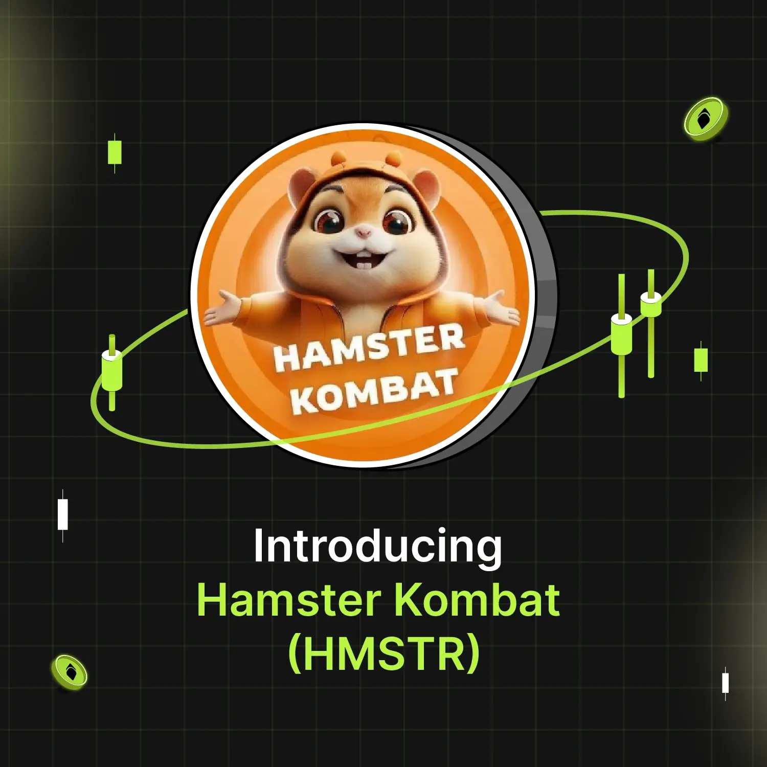 Bitunix A cartoon hamster mascot in an orange hoodie with HAMSTER KOMBAT and HMSTR written below, surrounded by green crypto chart elements on a dark grid background. Text below reads Introducing Hamster Kombat (HMSTR).