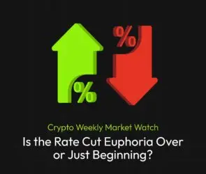 Bitunix Two large percentage symbols with arrows: a green arrow pointing up and a red arrow pointing down. Text reads, Crypto Weekly Market Watch: Is the Rate Cut Euphoria Over or Just Beginning? on a black background.