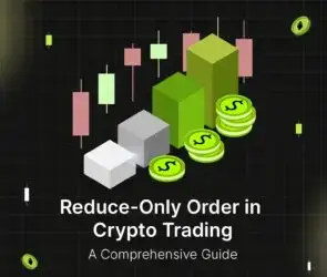 Bitunix An illustration featuring candlesticks, rising 3D bars, and stacked coins titled Reduce-Only Order in Crypto Trading: A Comprehensive Guide, visually explaining the concept of a reduce-only order on a dark grid background.