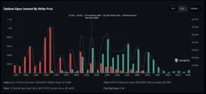 Bitunix A bar chart displaying Bitcoin options open interest by strike price offers a clear market overview. Red bars represent puts, green bars indicate calls, and market values, notional values, and summary statistics appear below. CoinGlass branding is visible.