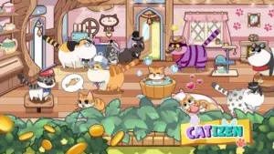 Bitunix A cartoon scene of cats in a cozy room: Some are dressed in hats and glasses, one cat is in a bathtub with bubbles, and others play or relax. Gold coins and a CATIZEN sign are in the foreground with green leaves.
