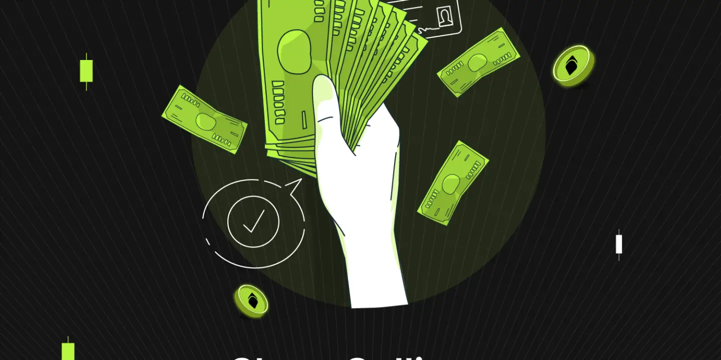 Bitunix A hand holding several paper bills surrounded by floating money, with the text Short Selling: Ultimate Guide For Beginners on a dark background, emphasizing the essentials of short selling for new investors.