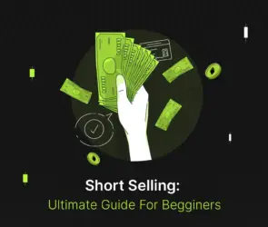 Bitunix A hand holding several paper bills surrounded by floating money, with the text Short Selling: Ultimate Guide For Beginners on a dark background, emphasizing the essentials of short selling for new investors.