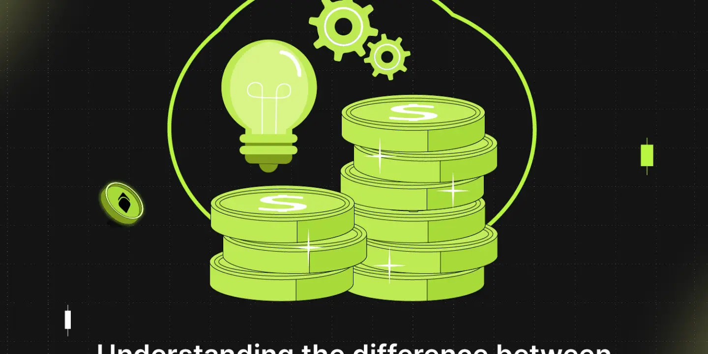 Bitunix Illustration of stacked coins, a lightbulb, and gears, with the text: Understanding the difference between Cost, Price and Value? on a dark background.