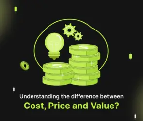 Bitunix Illustration of stacked coins, a lightbulb, and gears, with the text: Understanding the difference between Cost, Price and Value? on a dark background.