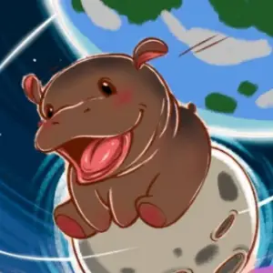 Bitunix A cheerful cartoon baby hippo with a big smile rides on a gray moon, with Earth and space in the background, like a Weekly Market Overview—excited and happy, with blush on its cheeks.