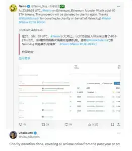 Bitunix A screenshot of a social media post, part of Neiro’s Weekly Market Overview, announcing the donation of 40 ETH tokens to a charity wallet. The post includes text in English and Chinese and highlights engagement metrics below.
