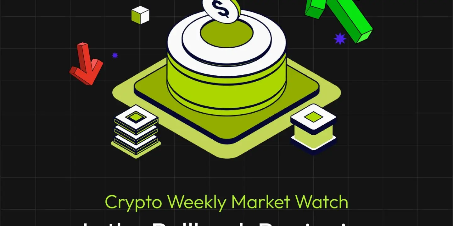 Bitunix An abstract illustration of a coin on a platform with green upward and red downward arrows, capturing market movements. Text reads: Crypto Weekly Market Overview. Is the Pullback Beginning or Ending?.