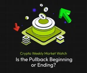 Bitunix An abstract illustration of a coin on a platform with green upward and red downward arrows, capturing market movements. Text reads: Crypto Weekly Market Overview. Is the Pullback Beginning or Ending?.