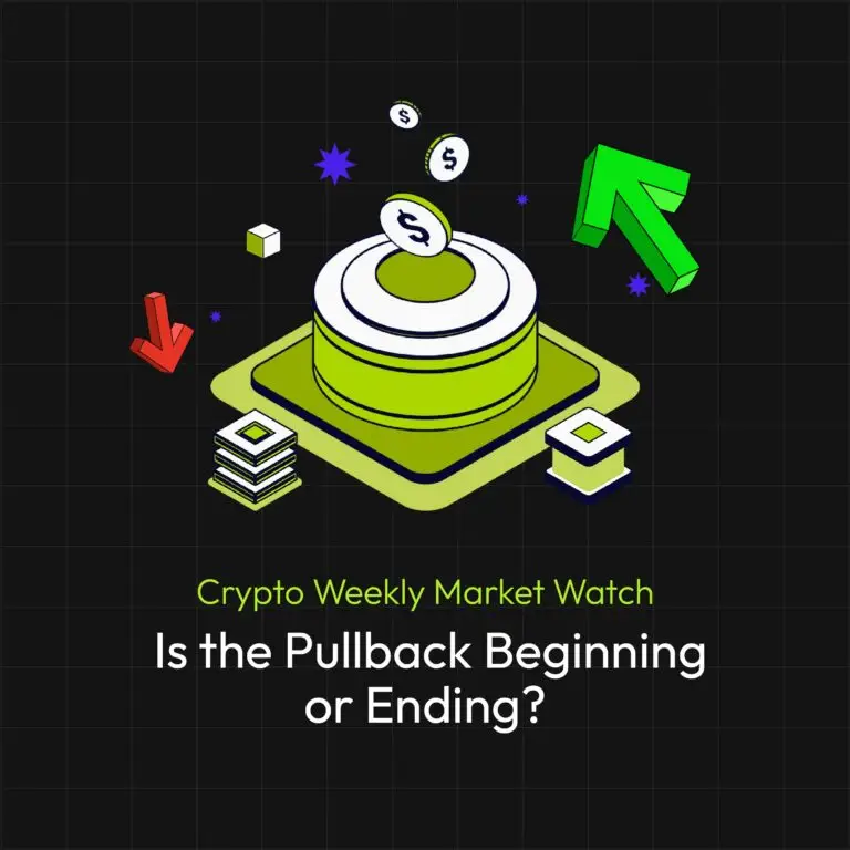 Bitunix An abstract illustration of a coin on a platform with green upward and red downward arrows, capturing market movements. Text reads: Crypto Weekly Market Overview. Is the Pullback Beginning or Ending?.