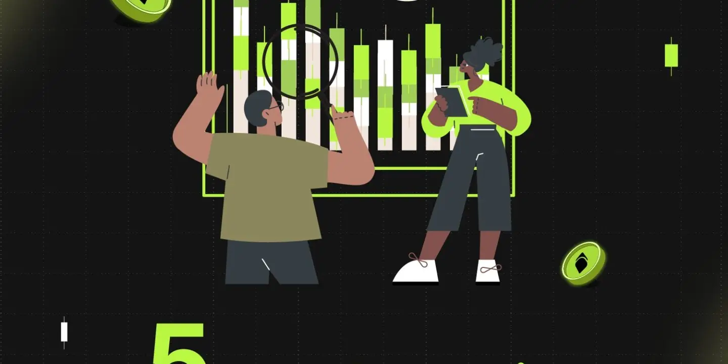 Bitunix Two people analyzing a digital chart with cryptocurrency symbols. The text reads: 5 Best Strategies for Crypto Futures Trading in white and green letters on a dark background.