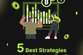 Bitunix Two people analyzing a digital chart with cryptocurrency symbols. The text reads: 5 Best Strategies for Crypto Futures Trading in white and green letters on a dark background.